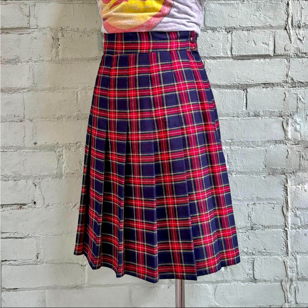Vintage Pleated Plaid Skirt - Red and Navy Blue Tartan Kilt